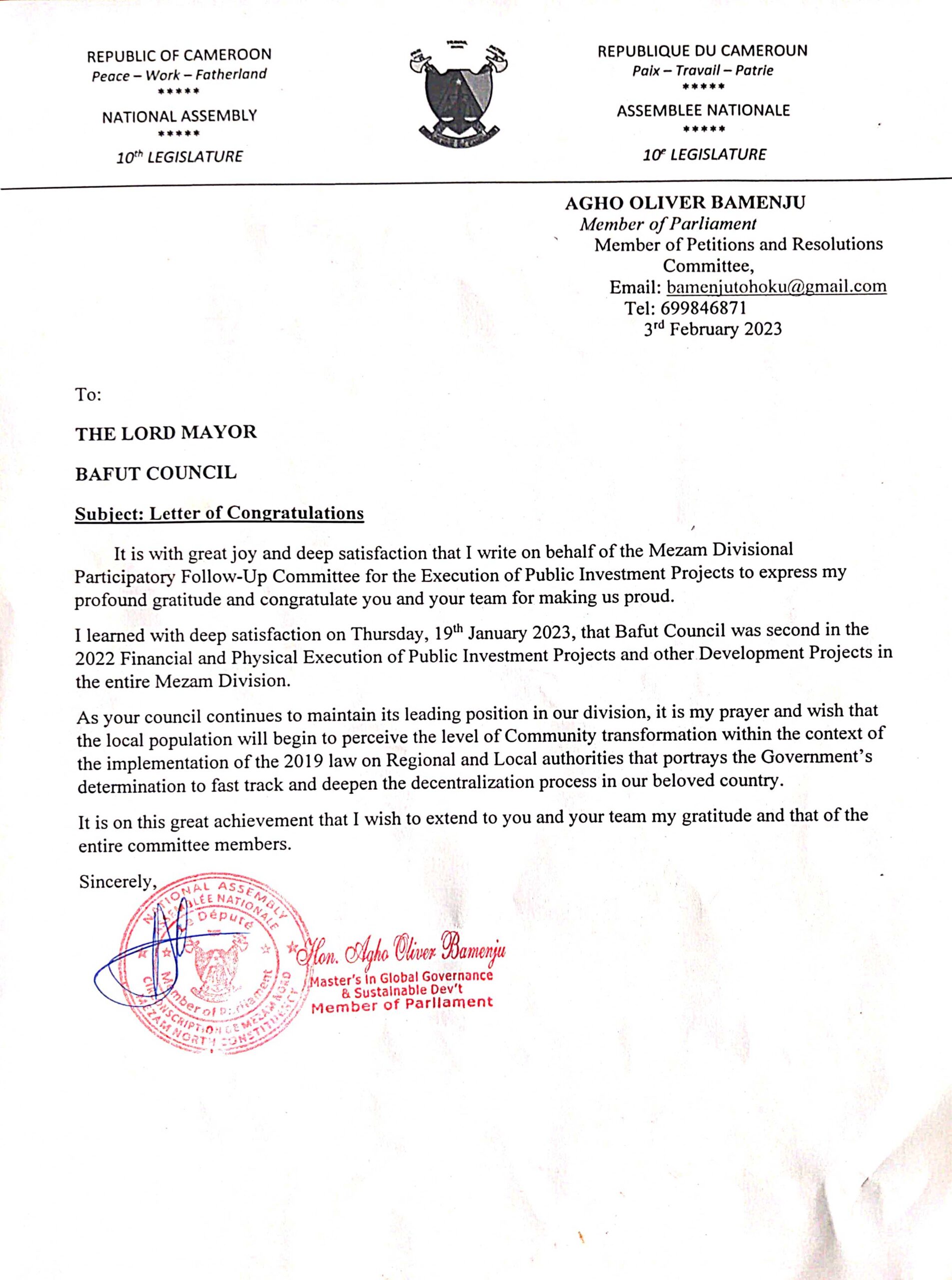 Bafut Council Congratulations Letter from Hon. Agho Oliver Bamenju